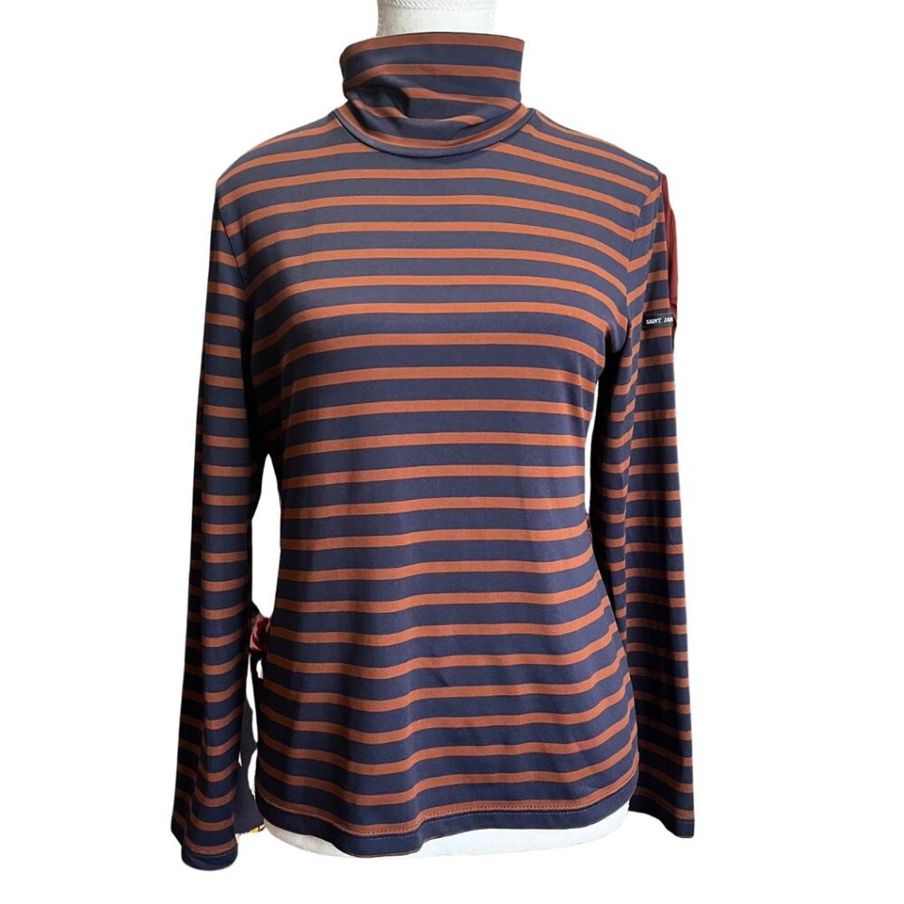 SAINT JAMES NAVY BROWN STRIPED HIGH NECK LONG TEE TOP - 8